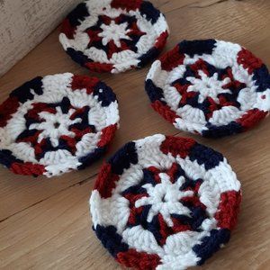 patriotic handmade crochet coasters set of 4 white, red & blue
